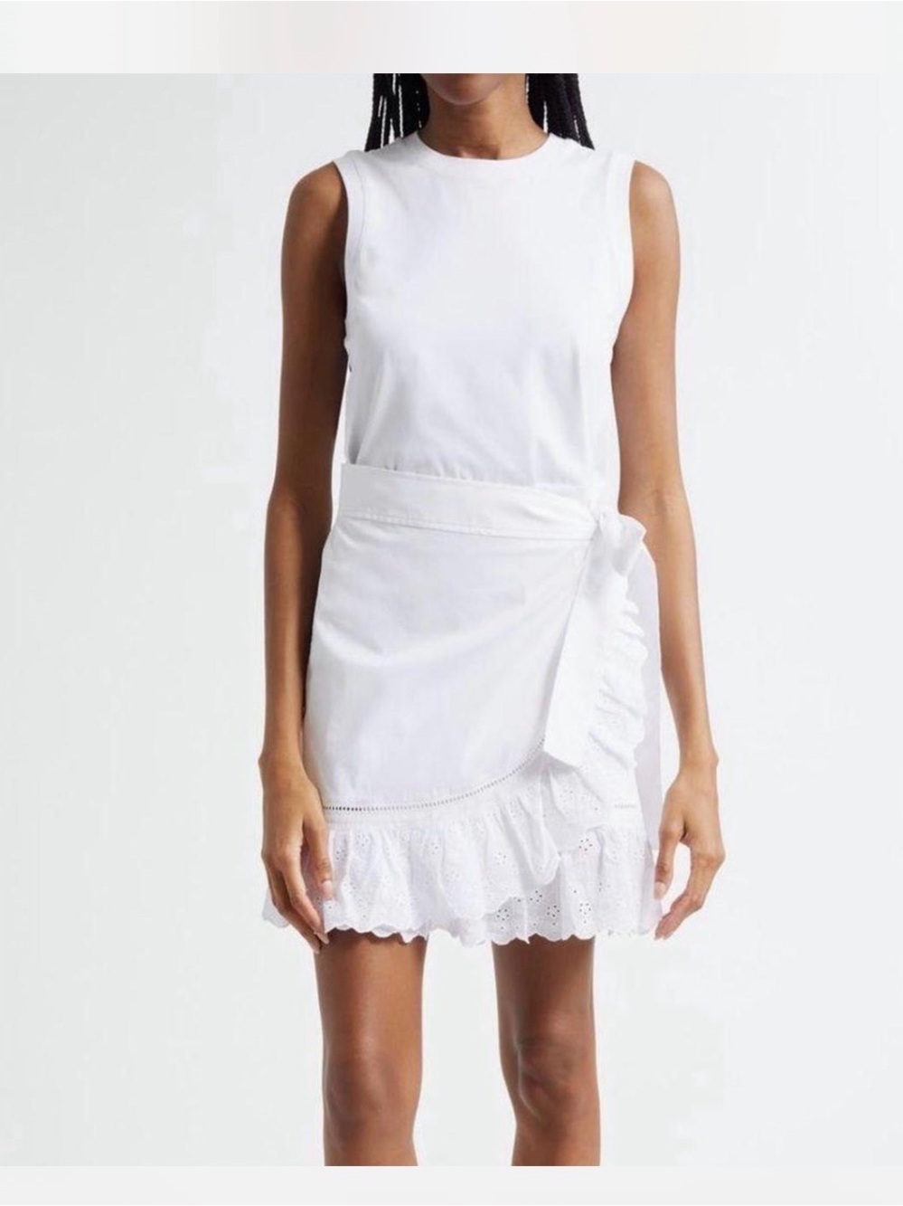 cinq a sept White Sleeveless Mini Dress with Ruffle Wrap Skirt
